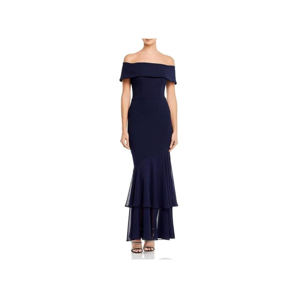 AQUA FORMAL Womens Navy Zippered Sheer Layered Off Shoulder Mermaid Size 10